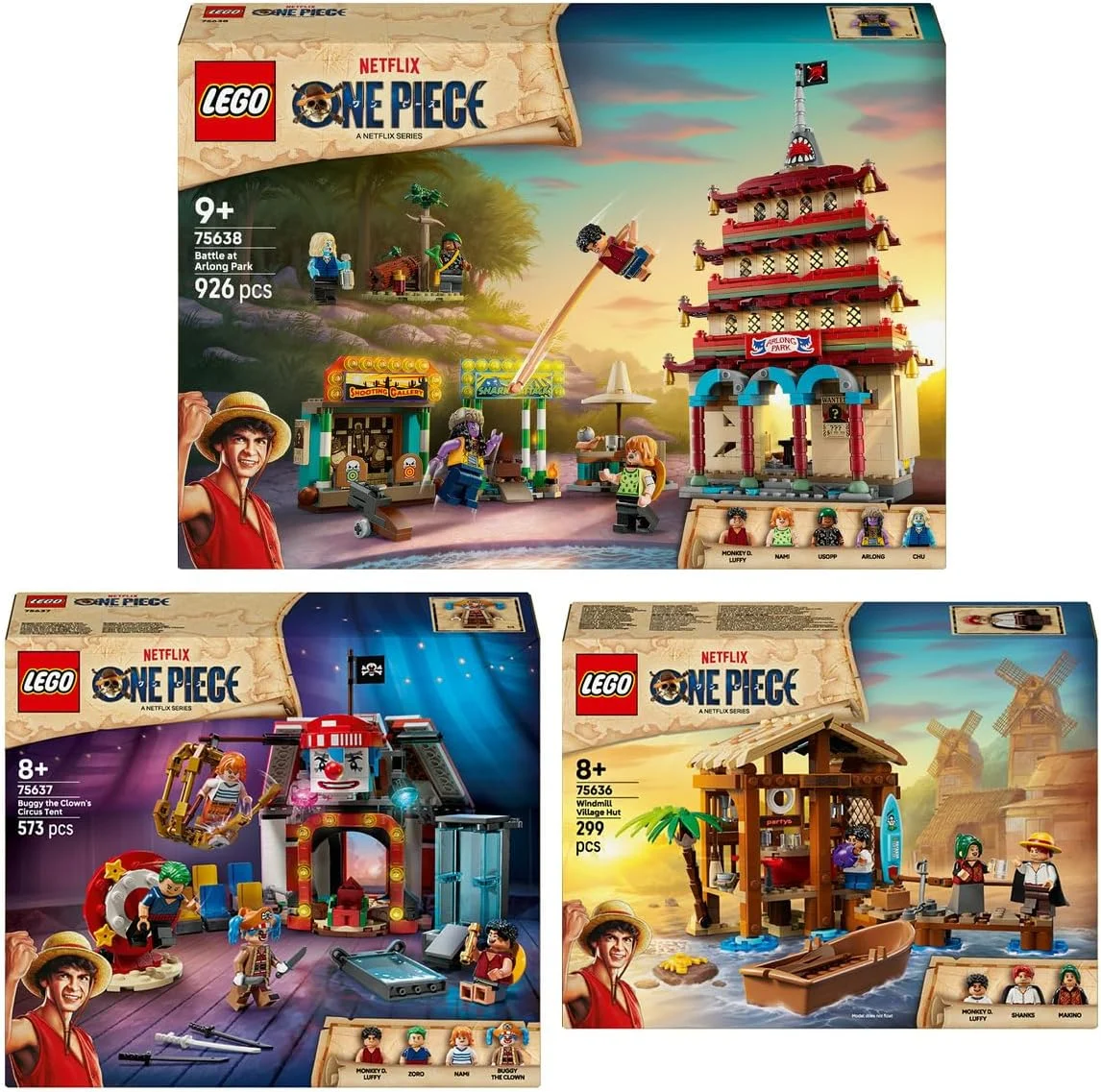 Lego One Piece 75636 - Set di 3 tende da circo Buggy dem Clown & 75638 Showdown im Arlong Park 75637