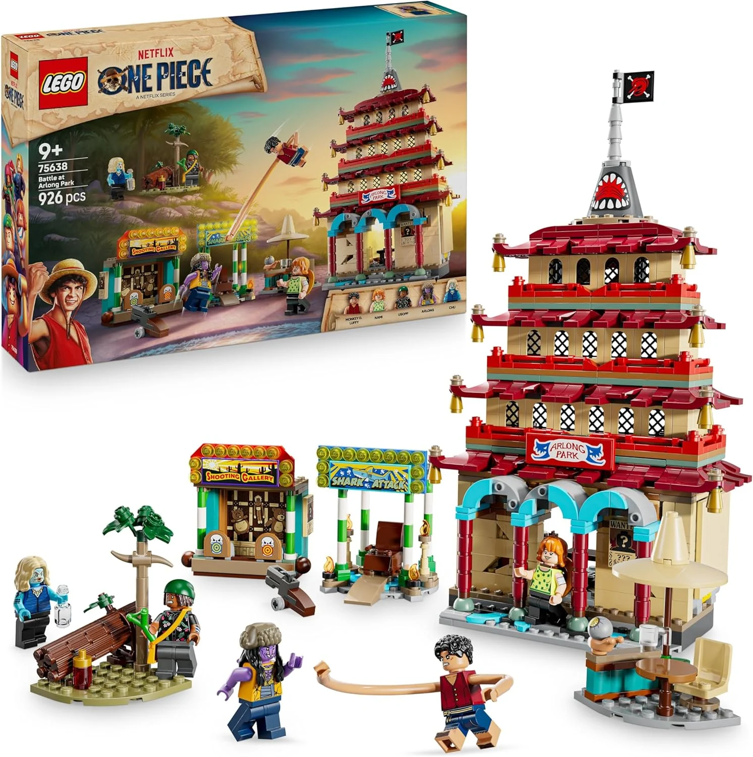 LEGO ONE PIECE Battaglia ad Arlong Park - Giocattolo Interattivo con 5 Minifigure tra cui Luffy e Nami, e una Pagoda che Crolla - Regalo per Bambini, Bambine e Fan degli Anime da 9 Anni in su - 75638